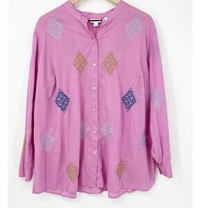 J Jill Embroidered Blouse Top Embroidered Plus Sz 2X Botanical Pink Tunic Long